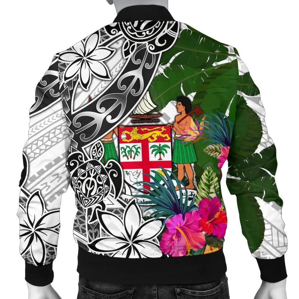 Fiji Mens Bomber Jacket White - Turtle Plumeria Banana Leaf Crest