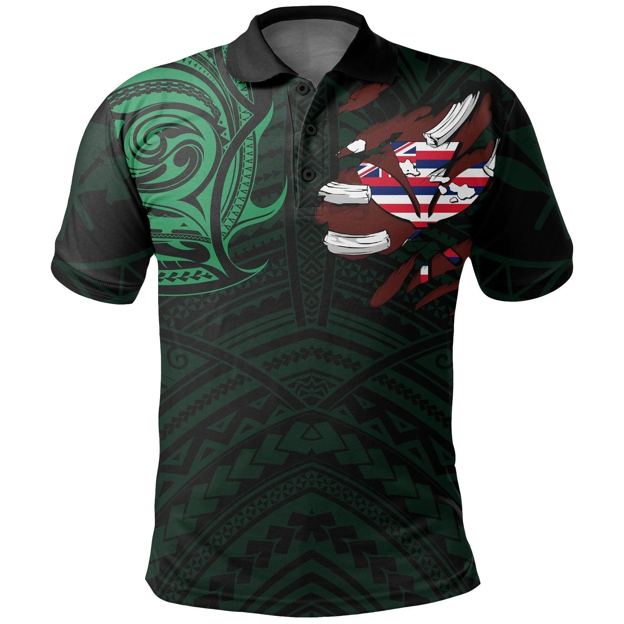 Hawaiian Kanaka Polo Shirt Heart Tattoo Green