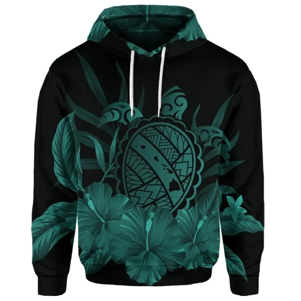 Alohawaii Hoodie - (Personalised) Hawaiian Map Turtle Hibiscus Polynesian Hoodie - Turquoise - AH - J4R