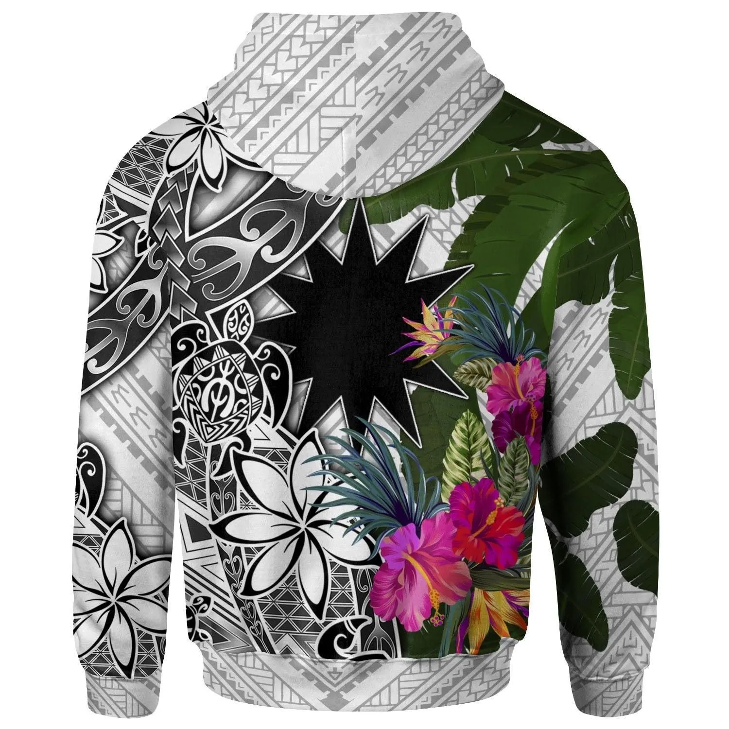 Nauru Hoodie White - Turtle Plumeria Banana Leaf