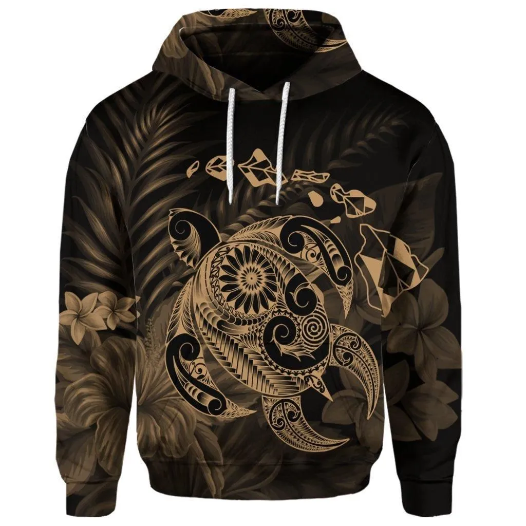 (Personalised) Hawaiian Map Turtle Tattoo Hibiscus Plumeria Polynesian Hoodie - Gold - AH
