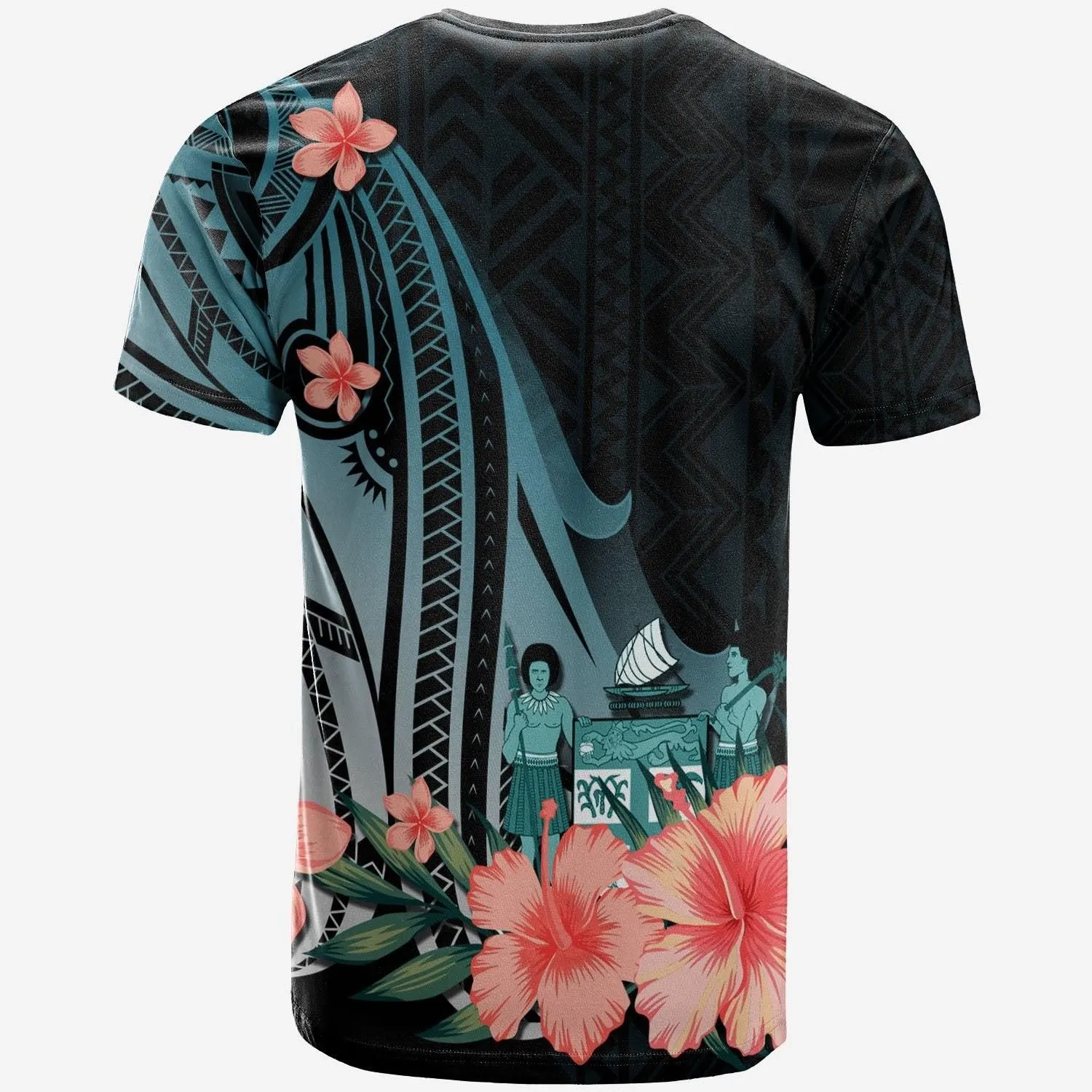 Fiji T-Shirt - Turquoise Polynesian Hibiscus Pattern Style