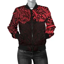 New Zealand Womens Bomber Jacket, Maori Polynesian Tattoo Red