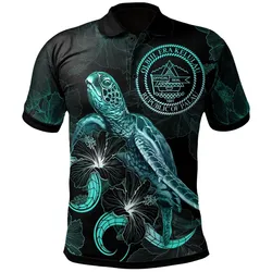 Palau Polynesian Polo Shirt - Turtle With Blooming Hibiscus Turquoise