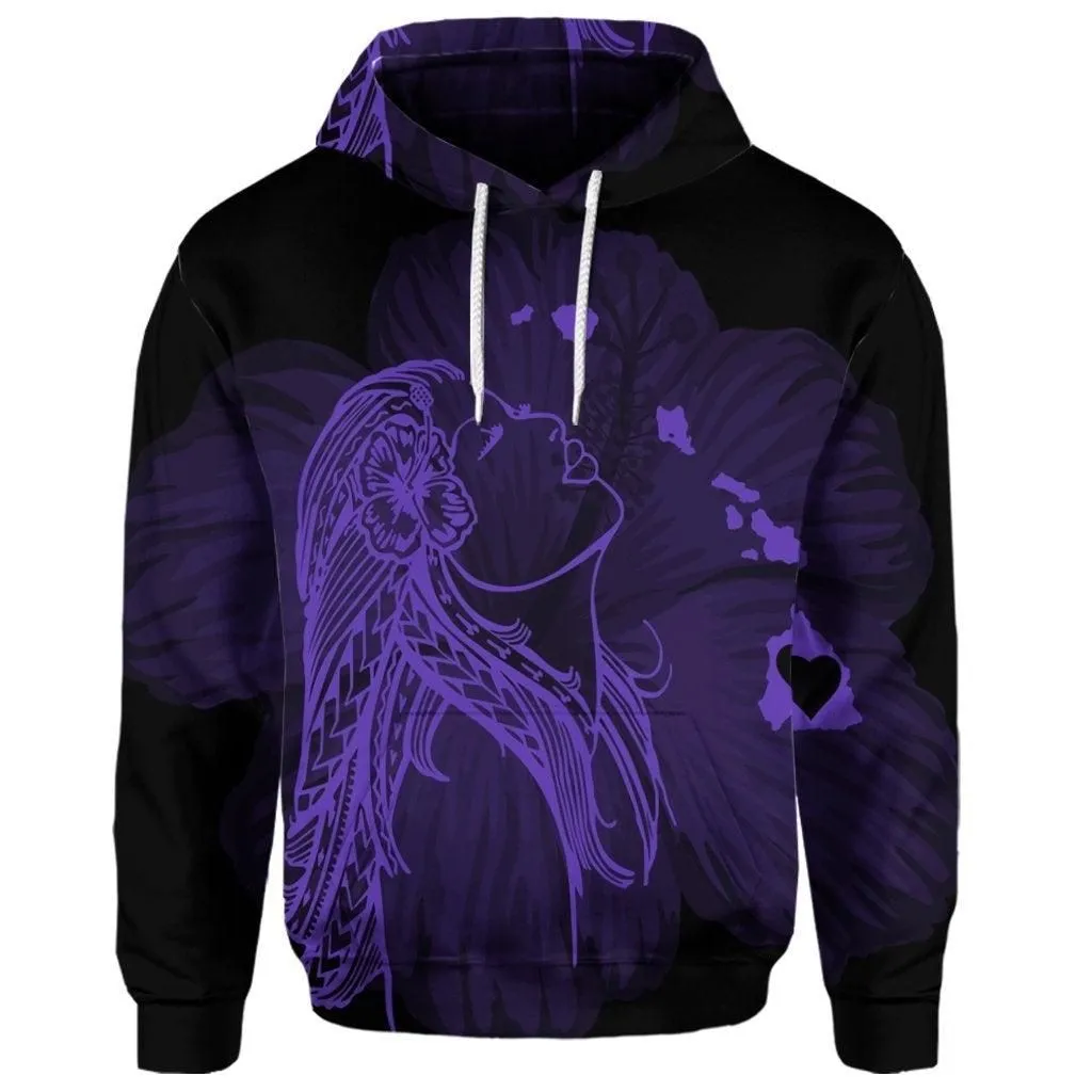 (Personalised) Hawaiian Map Heart Hula Girl Hibiscus Purple Polynesian Hoodie