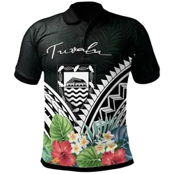 Tuvalu Polo Shirt - Tuvalu Coat of Arms & Polynesian Tropical Flowers White