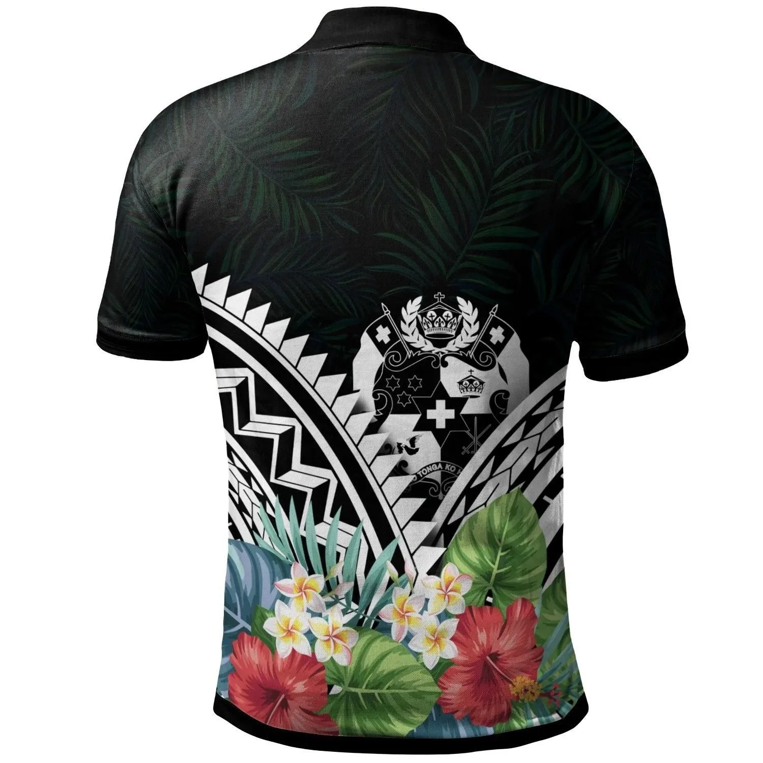 Alohawaii Shirt - Polo Shirt Tonga - Tonga Coat of Arms & Polynesian Tropical Flowers White - BN22