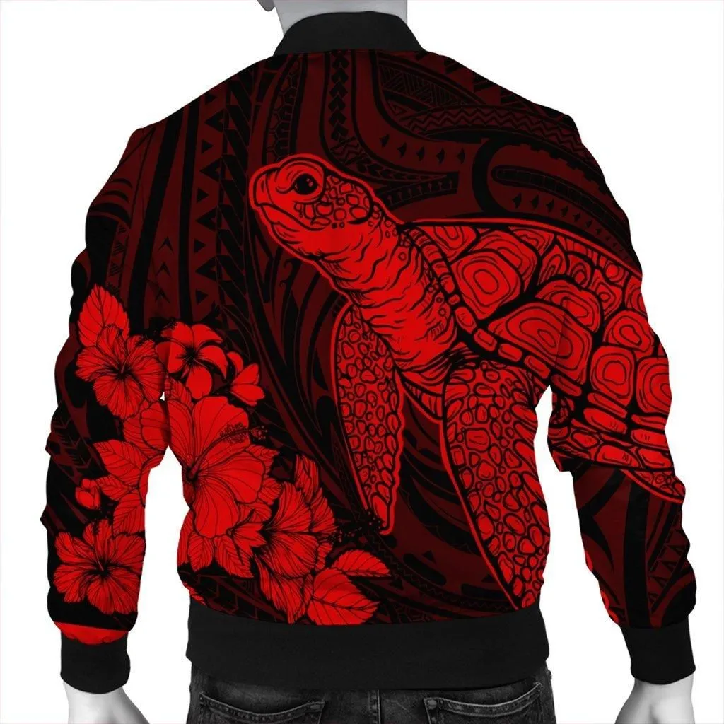 Hawaiian Hibiscus Memory Turtle Polynesian Bomber Jacket Red - AH
