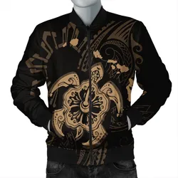 Hawaiian Map Kanaka Hibiscus Turtle Gold Polynesian Bomber Jacket - AH