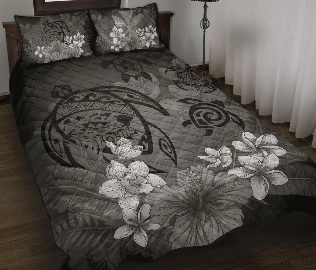 Hawaiian Map Hibiscus Plumeria Kanaka Bouquet Turtle Polynesian Quilt Bedding Set Gray AH J9