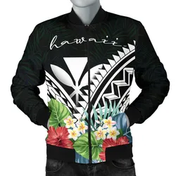 Hawaii Mens Bomber Jacket - Hawaii Coat of Arms & Polynesian Tropical Flowers White