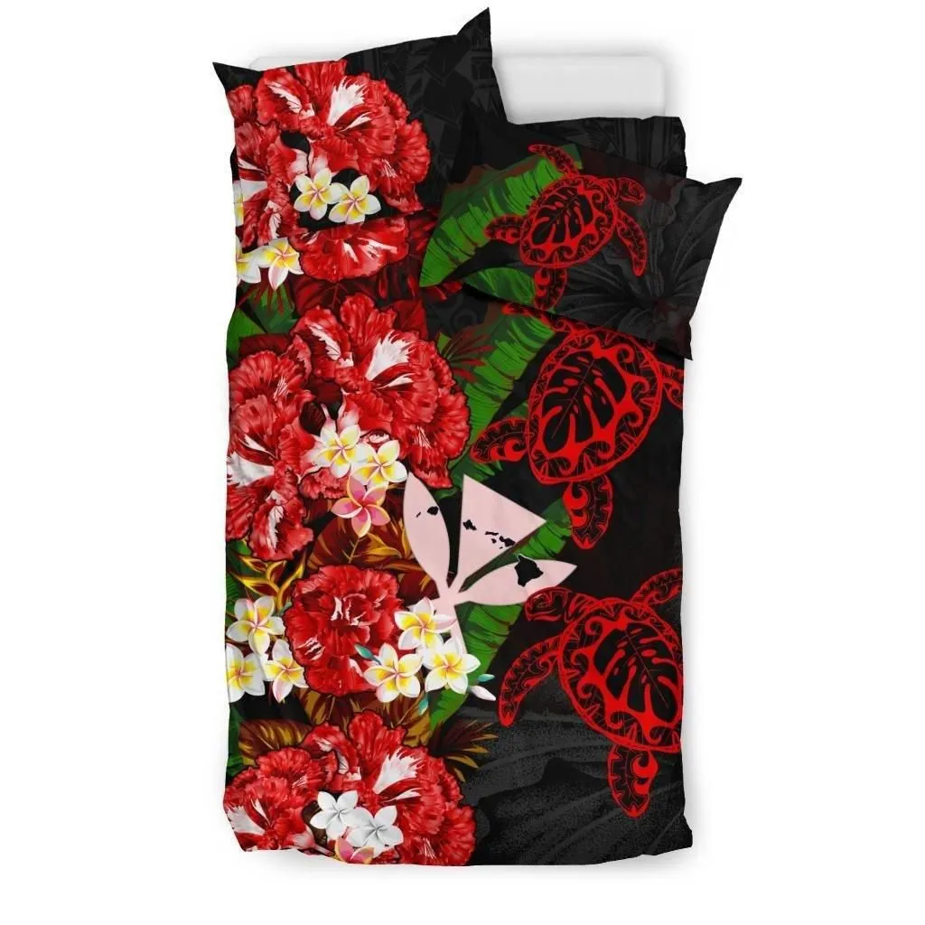 Alohawaii Bedding Set - Cover and Pillow Cases Kanaka Maoli (Hawaiian) - Polynesian Hibiscus Turtle Palm Leaves Red A02