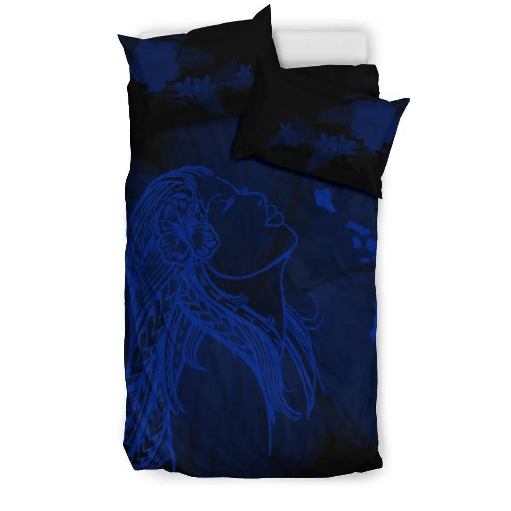 Hawaiian Map Heart Hula Girl Hibiscus Polynesian Bedding Set - Blue