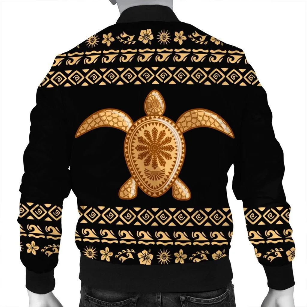 Hawaiian Golden Turtle Hibiscus Plumeria Polynesian Bomber Jacket - AH