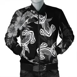 FamilyGaterJacket - Hawaiian Hammerhead Shark Hibiscus White Polynesian Bomber Jacket - AH - J4R