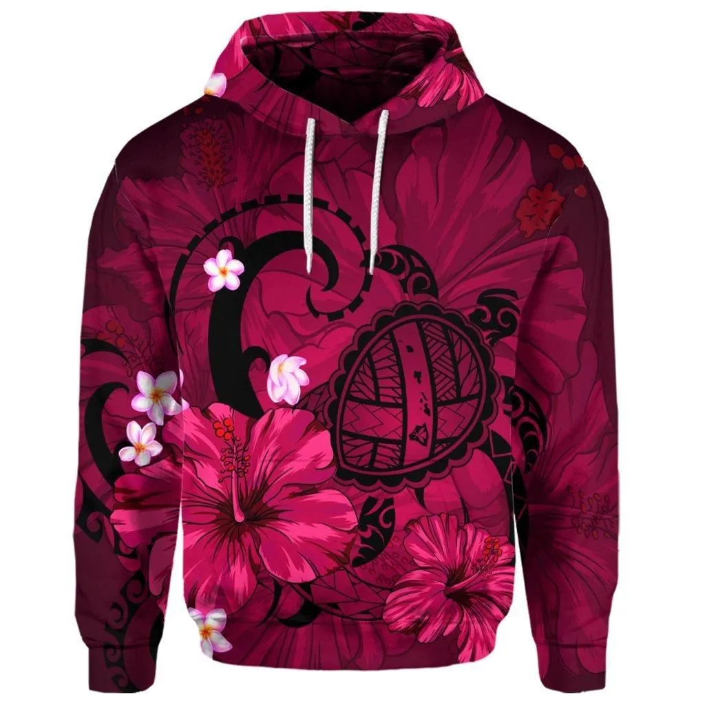 (Personalised) Hawaiian Map Big Turtle Hibiscus Plumeria Tribal Polynesian Hoodie - Pink - AH