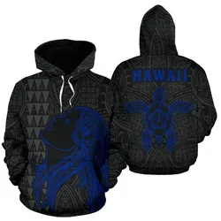 Polynesian Kakau Hula Girl Turtle Hibiscus Hawaii Hoodie Blue