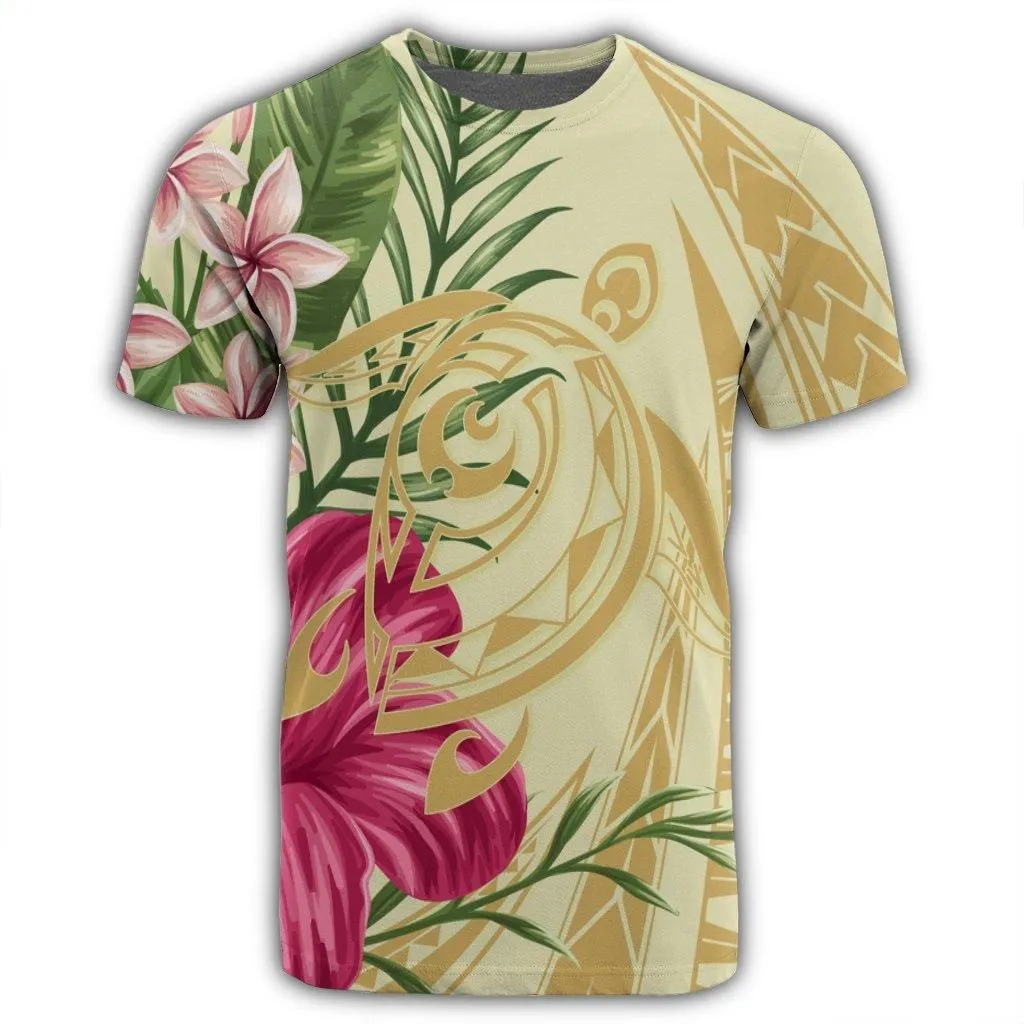Hawaii Polynesian Turtle Tropical Hibiscus Plumeria T-Shirt - Beige - AH