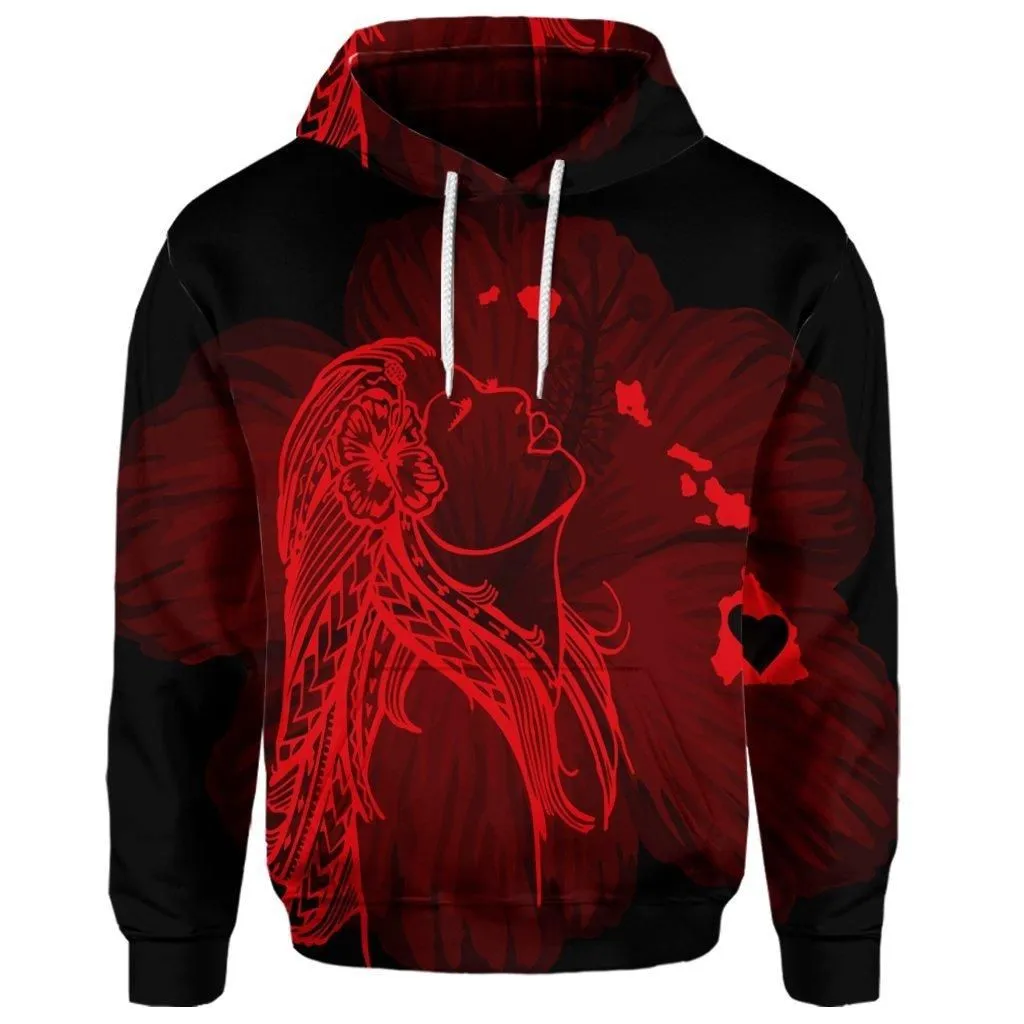 (Personalised) Hawaiian Map Heart Hula Girl Hibiscus Red Polynesian Hoodie - AH