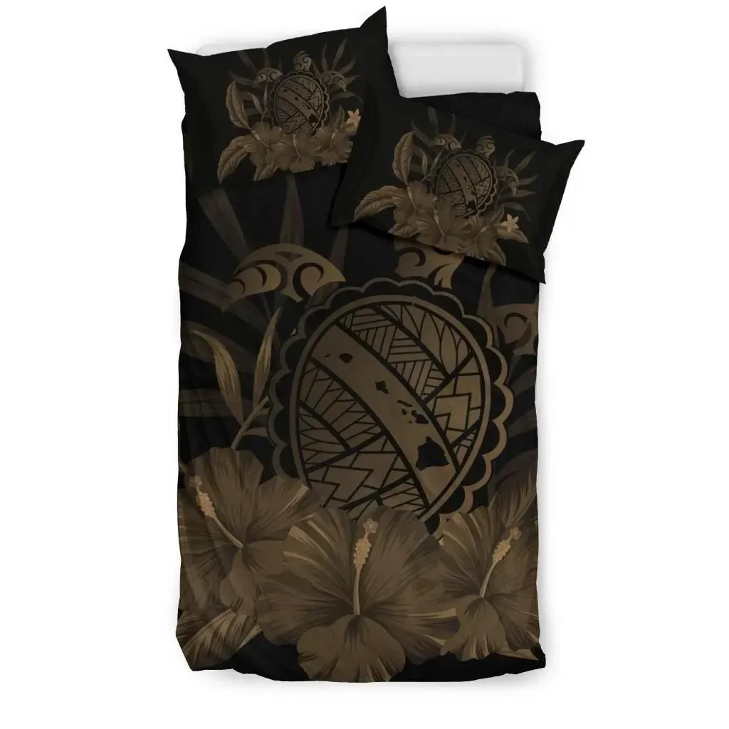 FamilyGater Home Set - Hawaiian Map Turtle Hibiscus Polynesian Bedding Set - Gold - AH J4