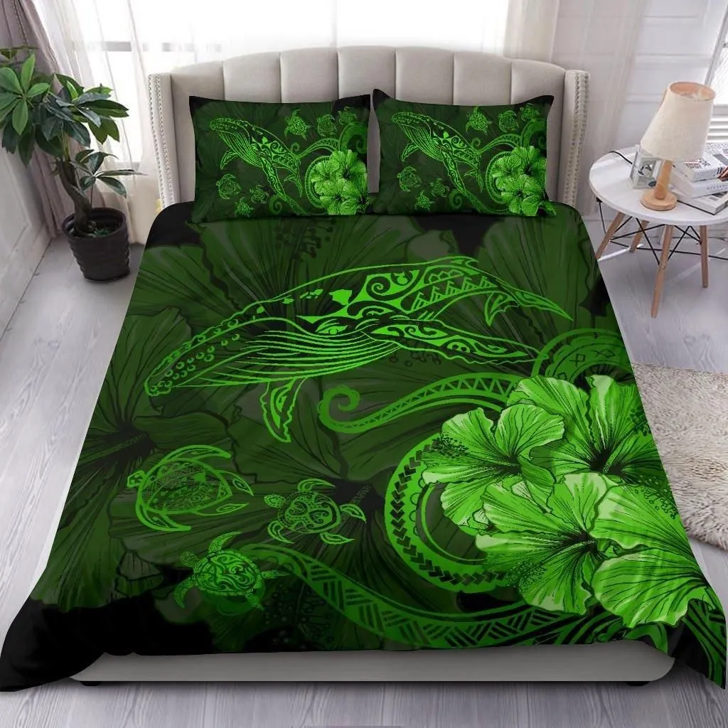 Alohawaii Home Set - Hawaiian Hibiscus Whale Turtle Dance Polynesian Bedding Set - Green - AH J9