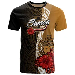 Samoa Polynesian T-Shirt - Coat Of Arms With Hibiscus Gold - BN12