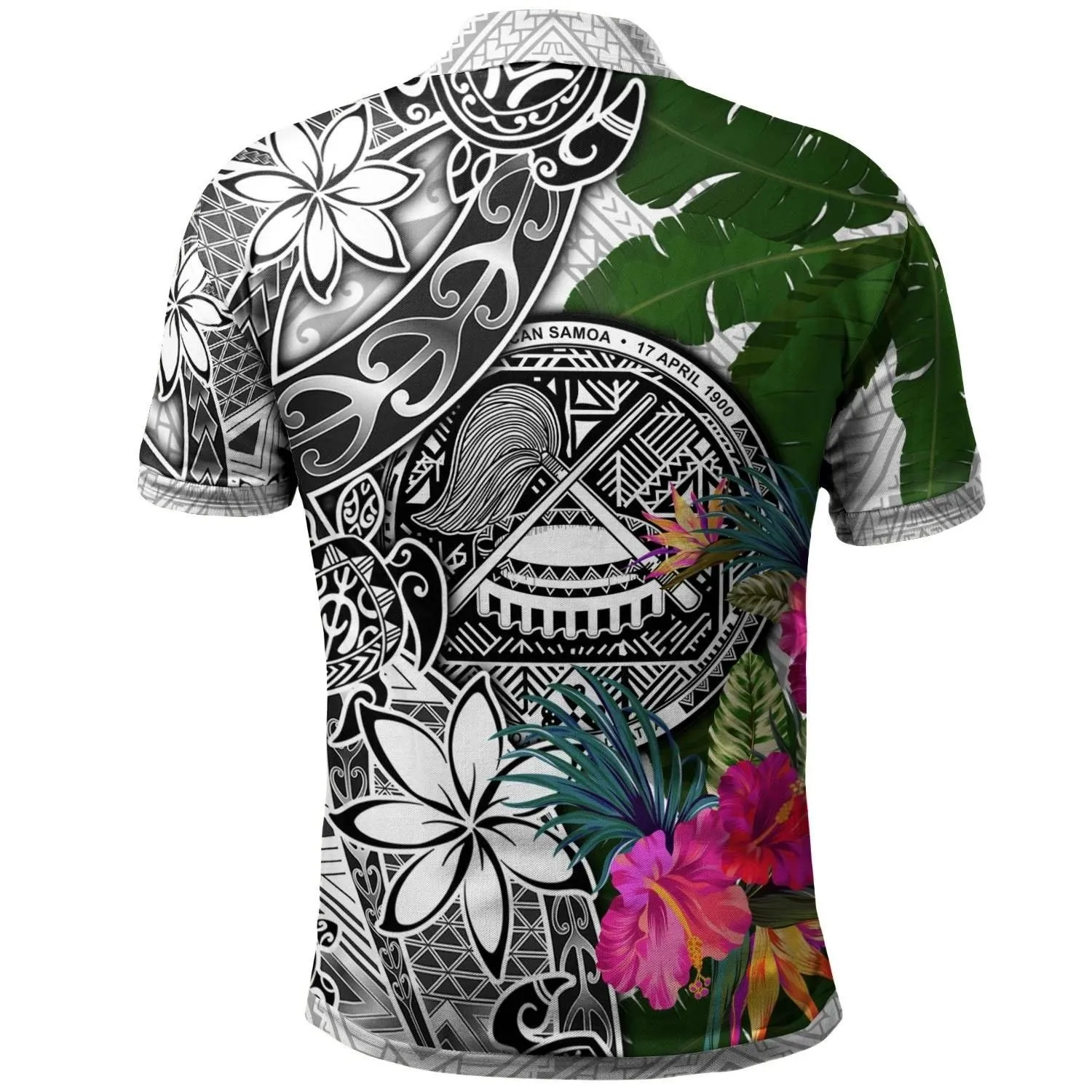 American Samoa Polo Shirt White - Turtle Plumeria Banana Leaf - BN11