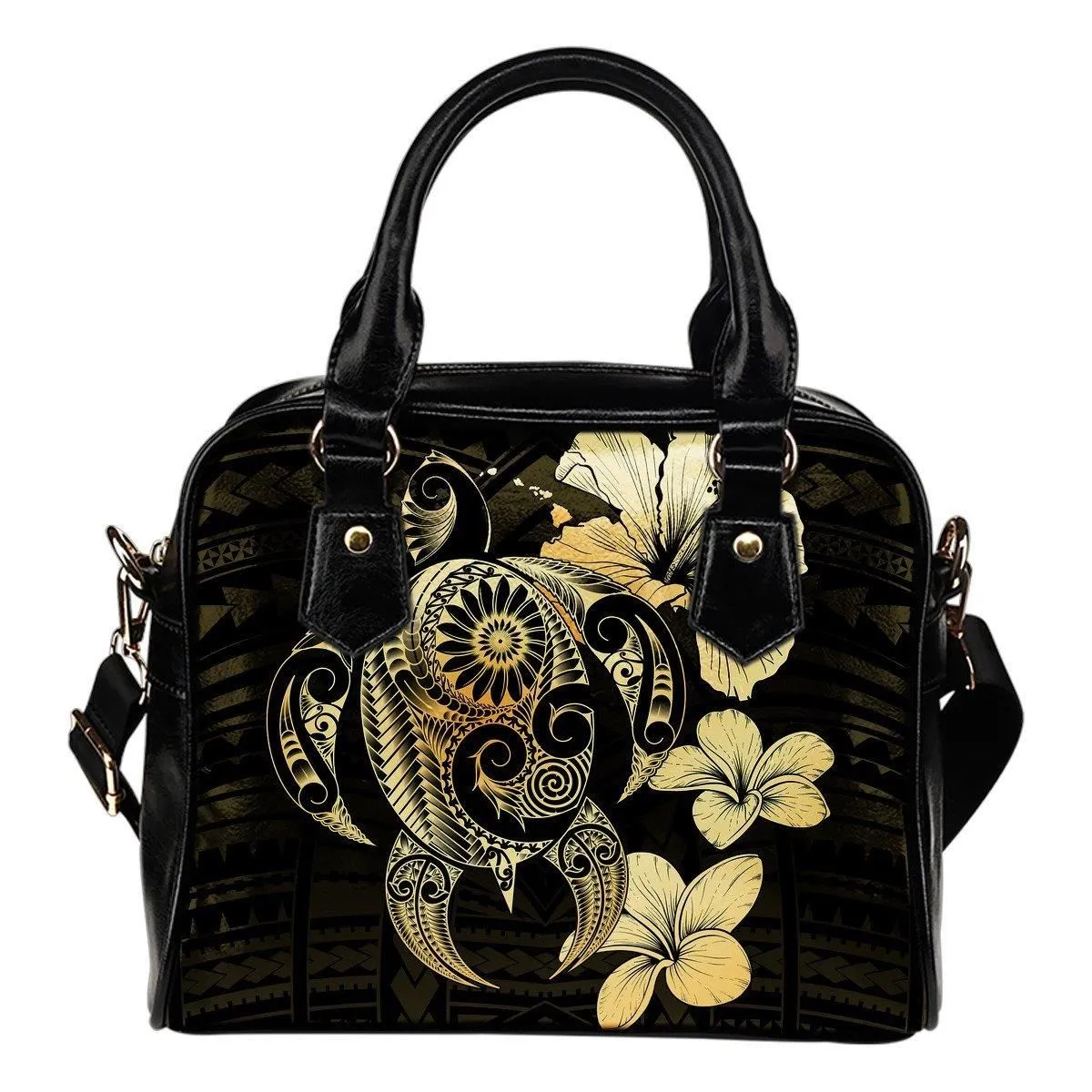 Hibiscus Plumeria Mix Polynesian Gold Turtle Shoulder Handbag