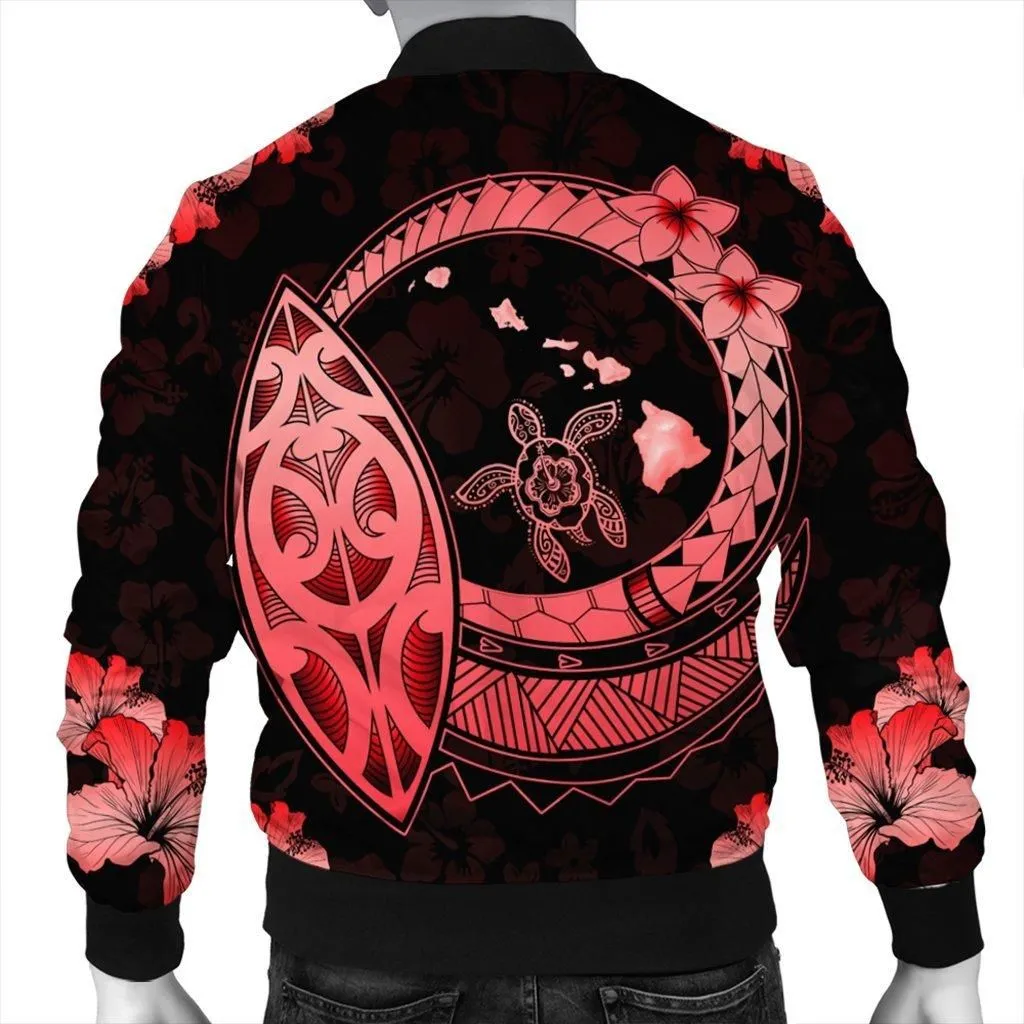 Hawaii Turtle Hibiscus Map Polynesian Bomber Jacket Red - AH