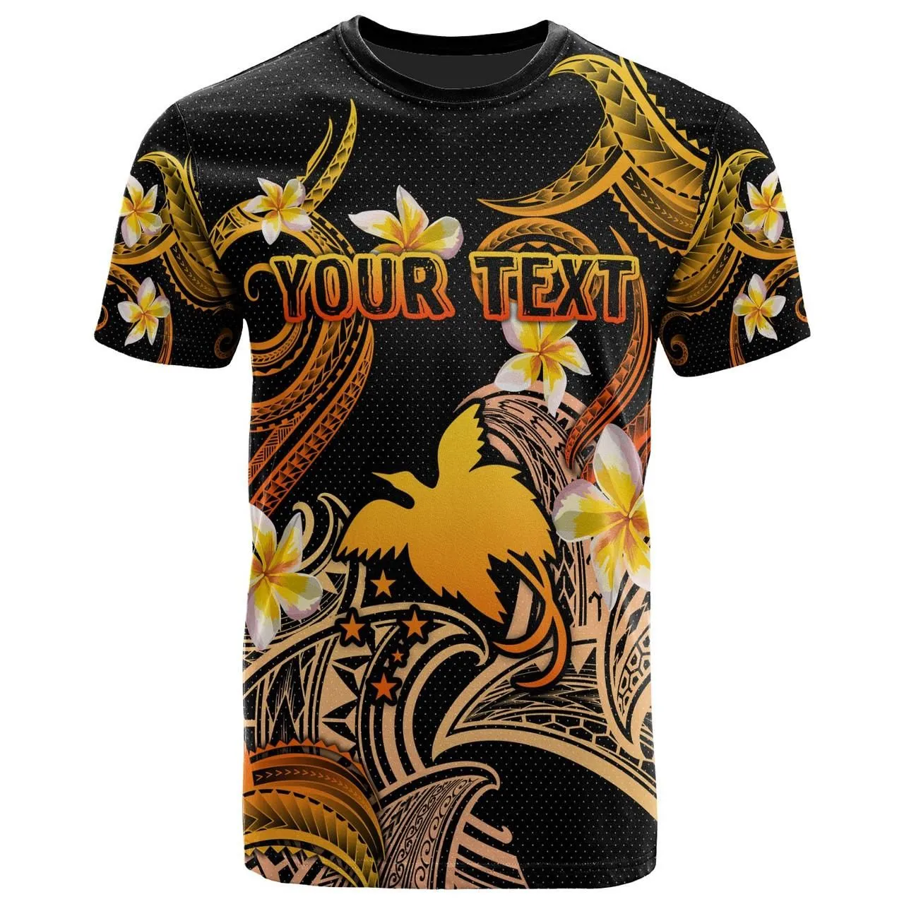 Papua New Guinea T-shirt - Custom Personalised Polynesian Waves with Plumeria Flowers (Orange)