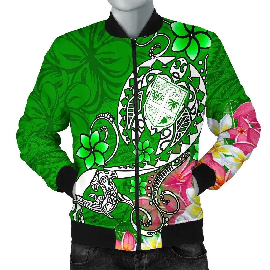 Fiji Mens Bomber Jacket - Turtle Plumeria (Green)