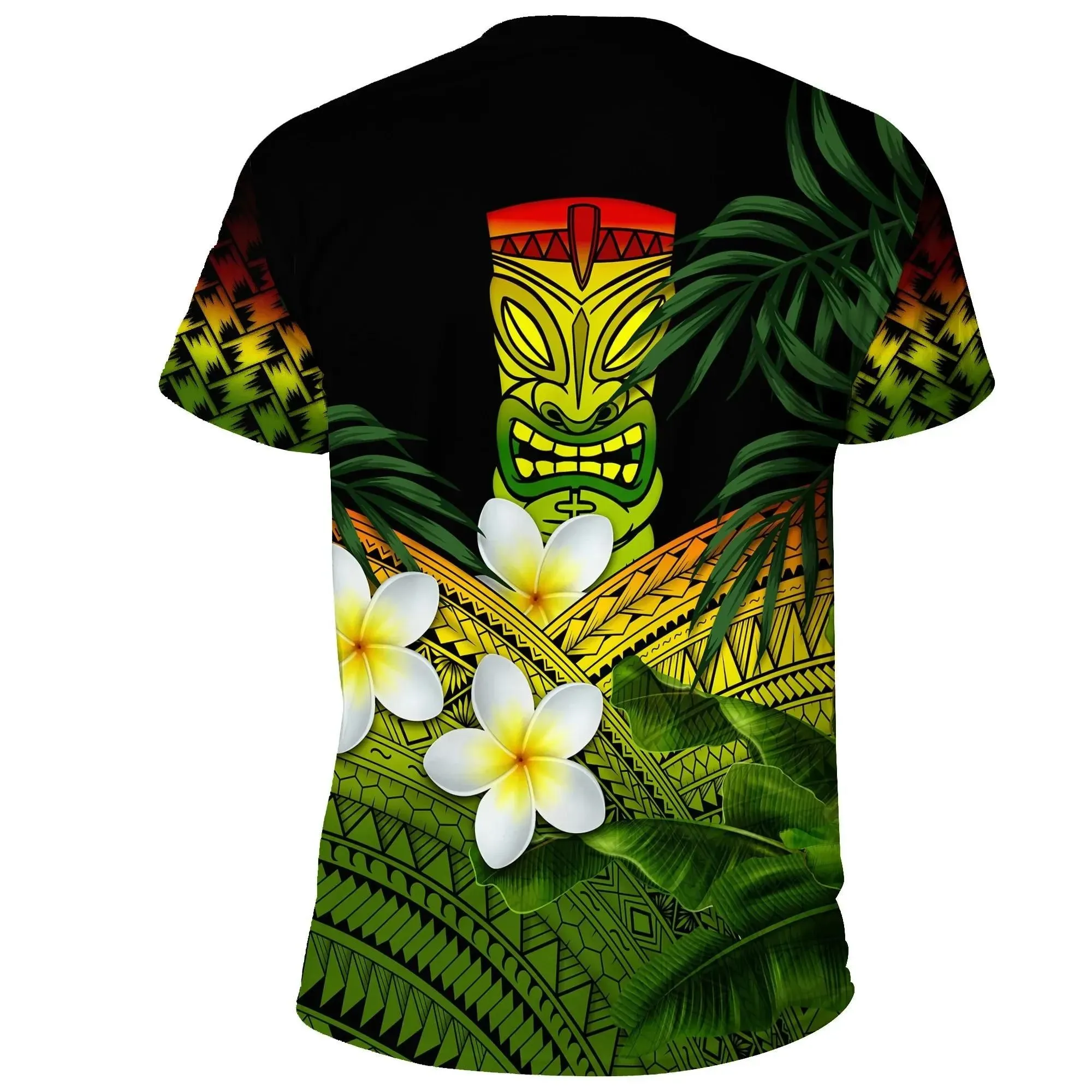 Hawaii T-Shirts, Polynesian Tiki Plumeria Banana Leaves Reggae A02