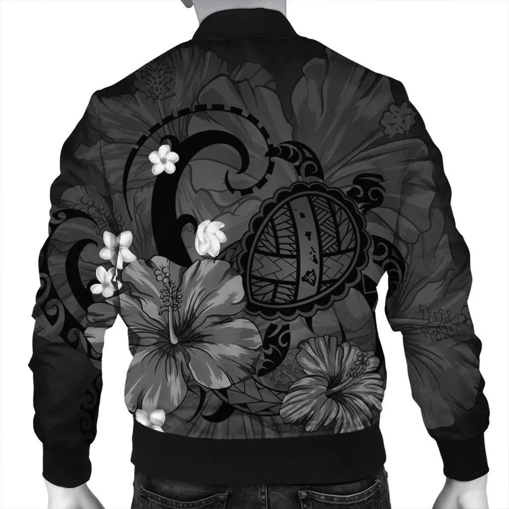 Alohawaii Jacket - Hawaiian Map Big Turtle Hibiscus Plumeria Tribal Polynesian Bomber Jacket - Gray - AH - J6R