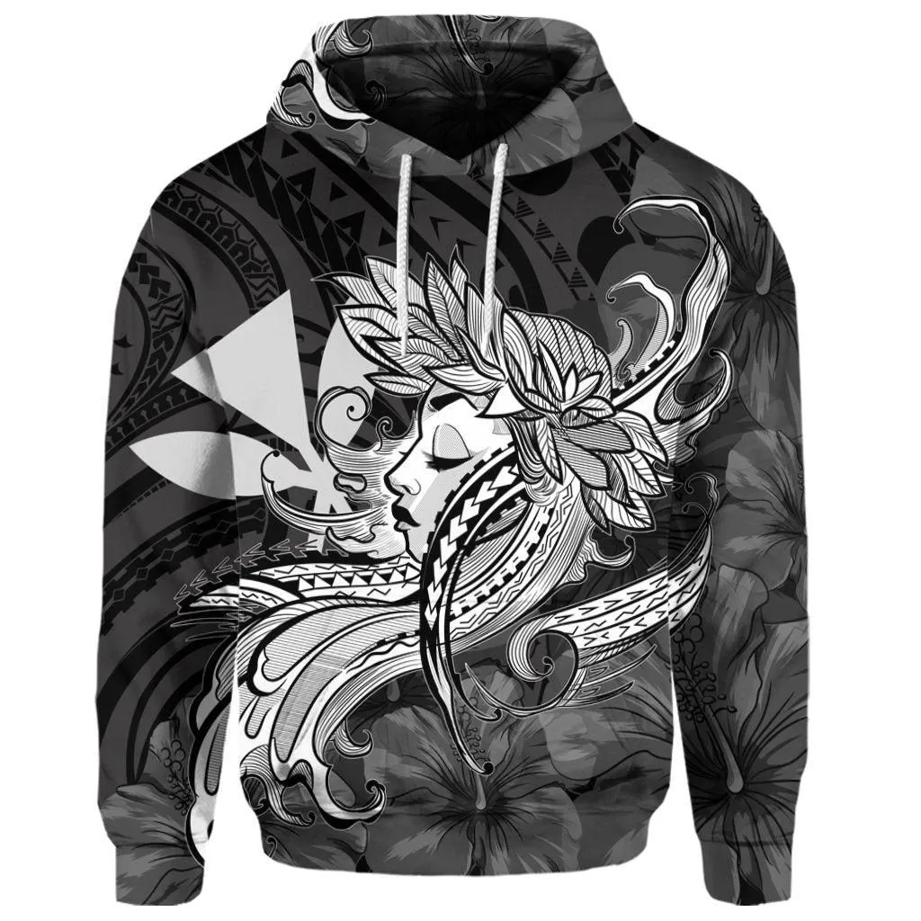(Personalised) Hawaiian Map Hula Girl Hibiscus Kanaka Polynesian Hoodie - White