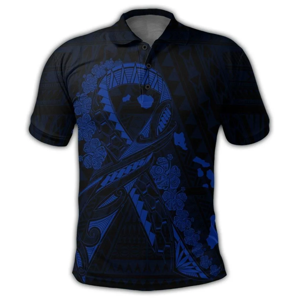 Hawaiian Map Heart Ribbon Cancer Hibiscus Blue Polynesian Polo Shirt