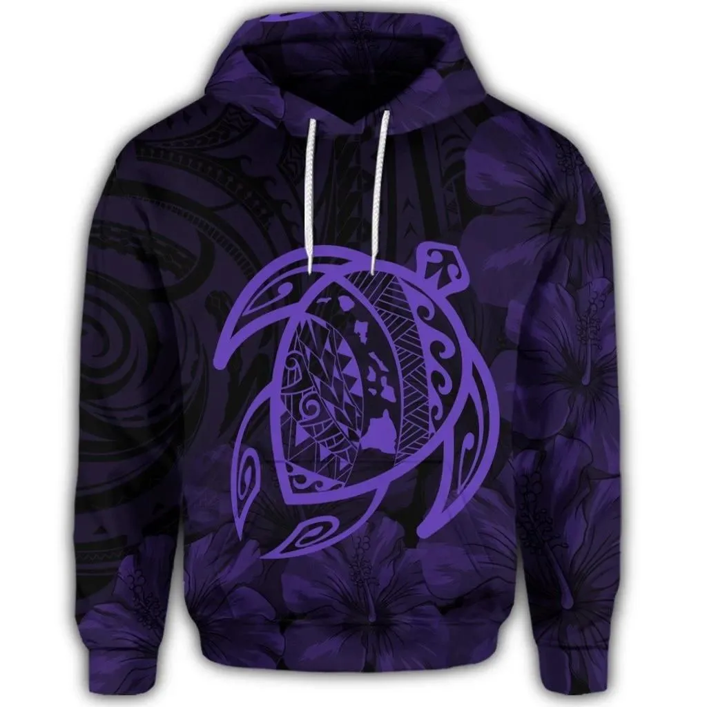 Alohawaii Hoodie - Hawaiian Map Turtle Kanaka Hibiscus Polynesian Hoodie - Purple - AH - J4R