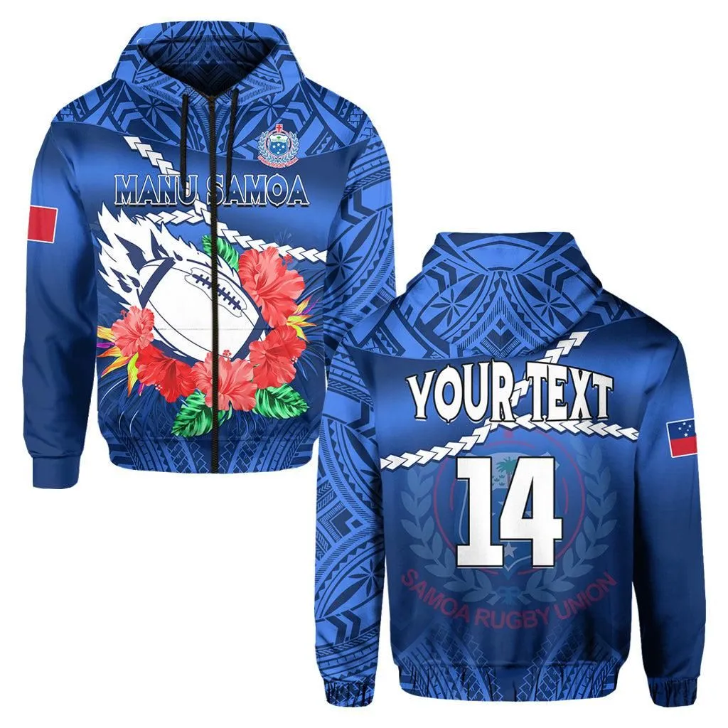 (Custom Text And Number) Samoa Rugby Hoodie Manu Samoa Polynesian Hibiscus Blue Style LT14