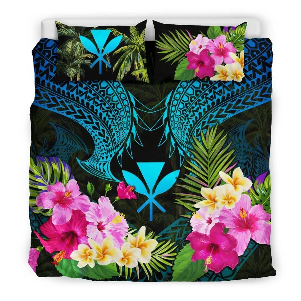 Polynesian Bedding Set - Hawaii Duvet Cover Blue Kanaka Maoli Hibiscus Plumeria Coconut