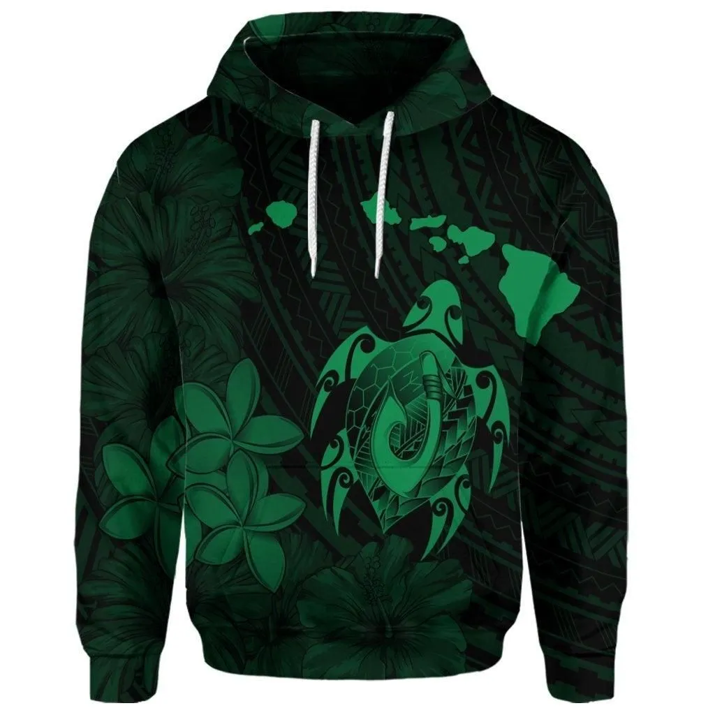 (Personalised) Hawaiian Map Turtle Plumeria Hibiscus Fish Hook Polynesian Hoodie Green