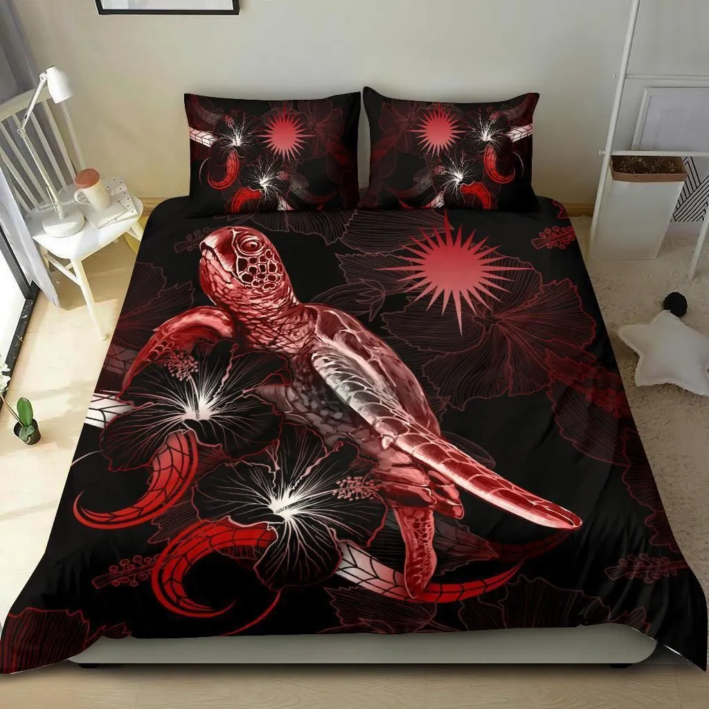 Marshall Islands Polynesian Bedding Set - Turtle With Blooming Hibiscus Red