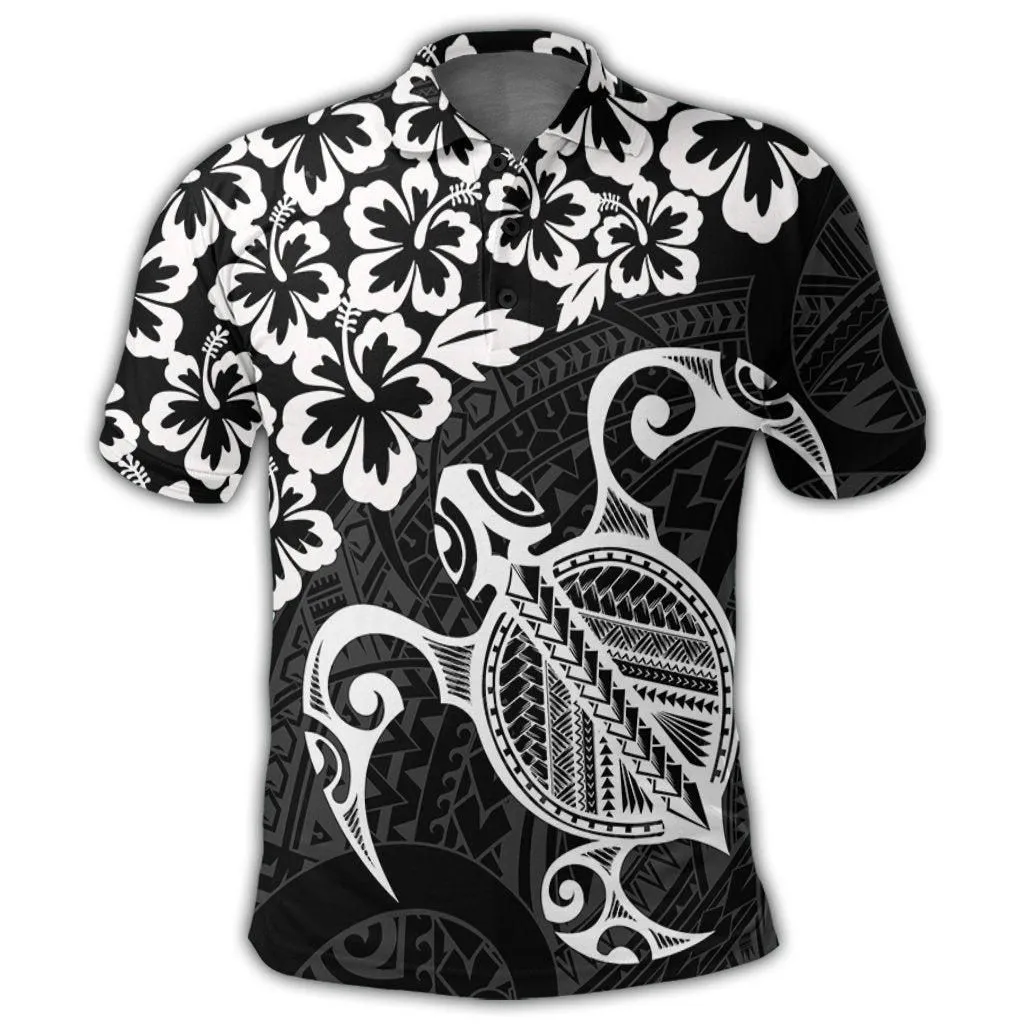 Hawaiian Map Turtle Hibiscus Kanaka Polynesian Polo Shirt - White