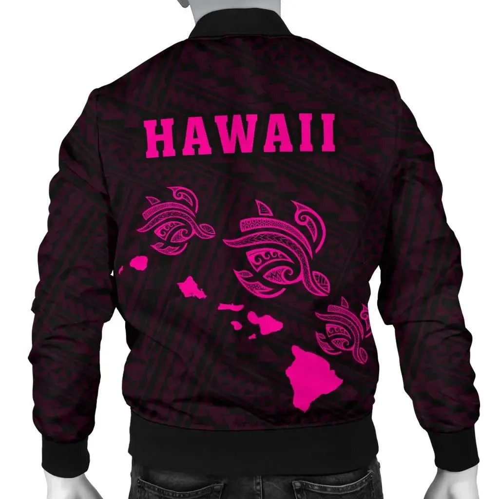 FamilyGater Jacket - Hawaii Kakau Polynesian Three Turtles Map Men's Bomber Jacket - Pink - AH - J6