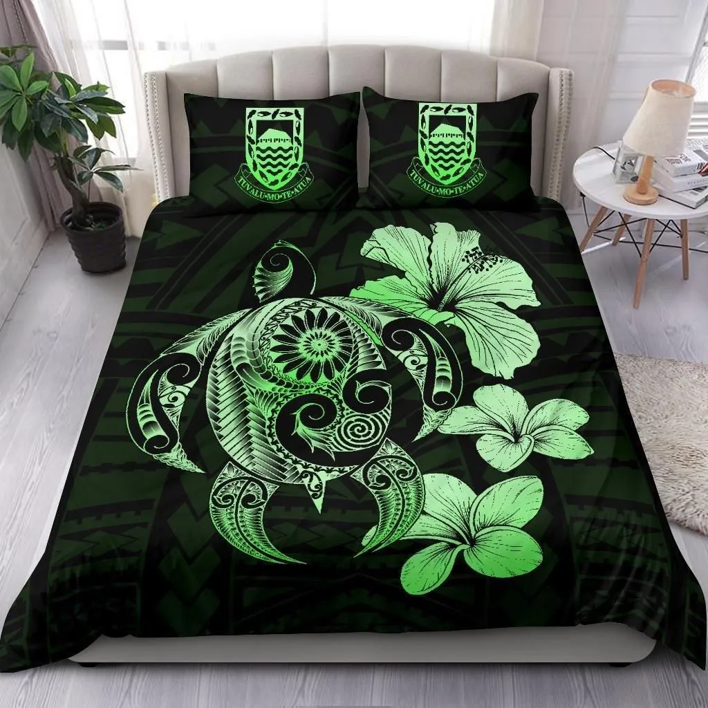 Alohawaii Bedding Set - Cover and Pillow Cases Tuvalu Islands Hibiscus Plumeria Mix Polynesian Turtle Green J1