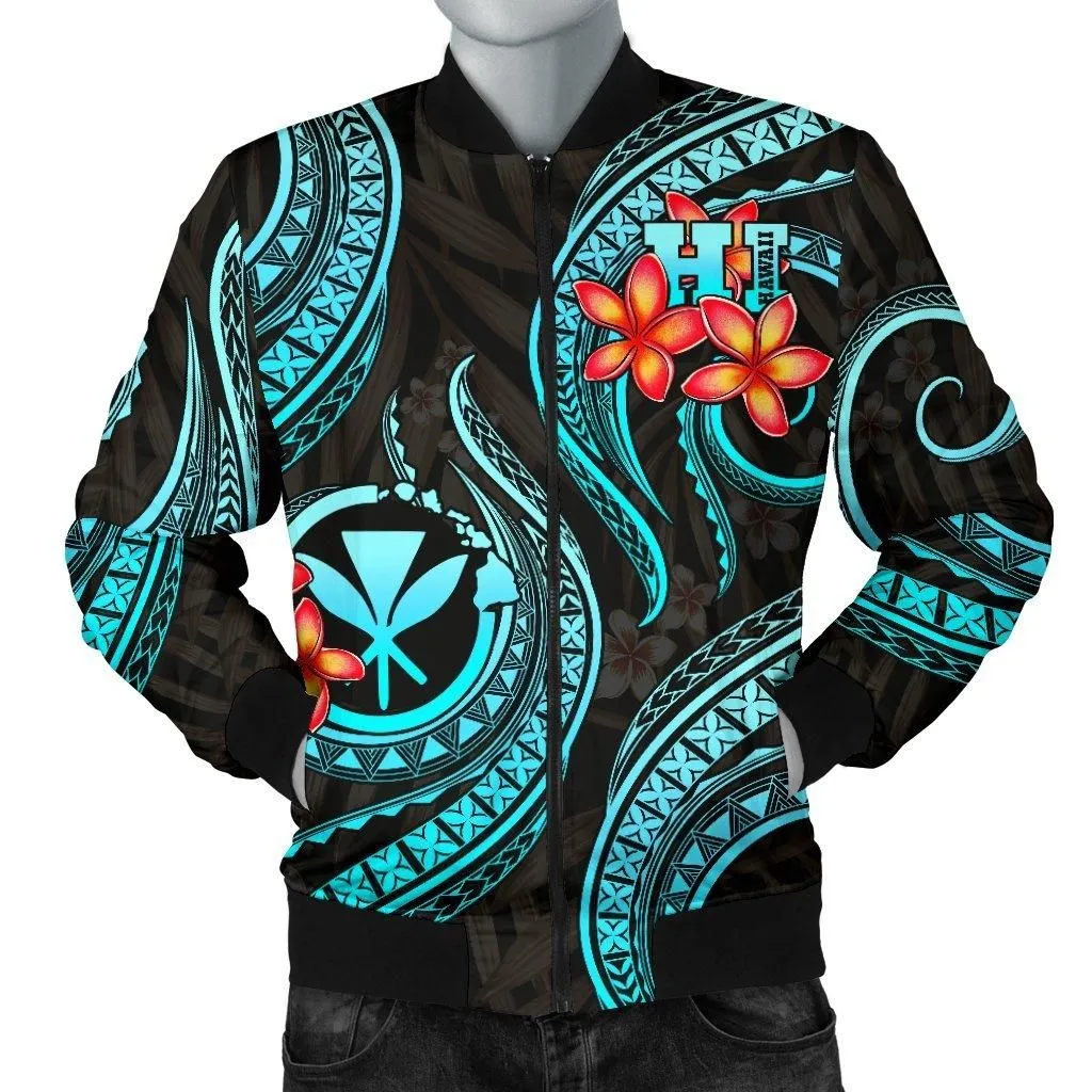 Polynesian Hawaii Men Bomber Jacket - Turquoise Plumeria
