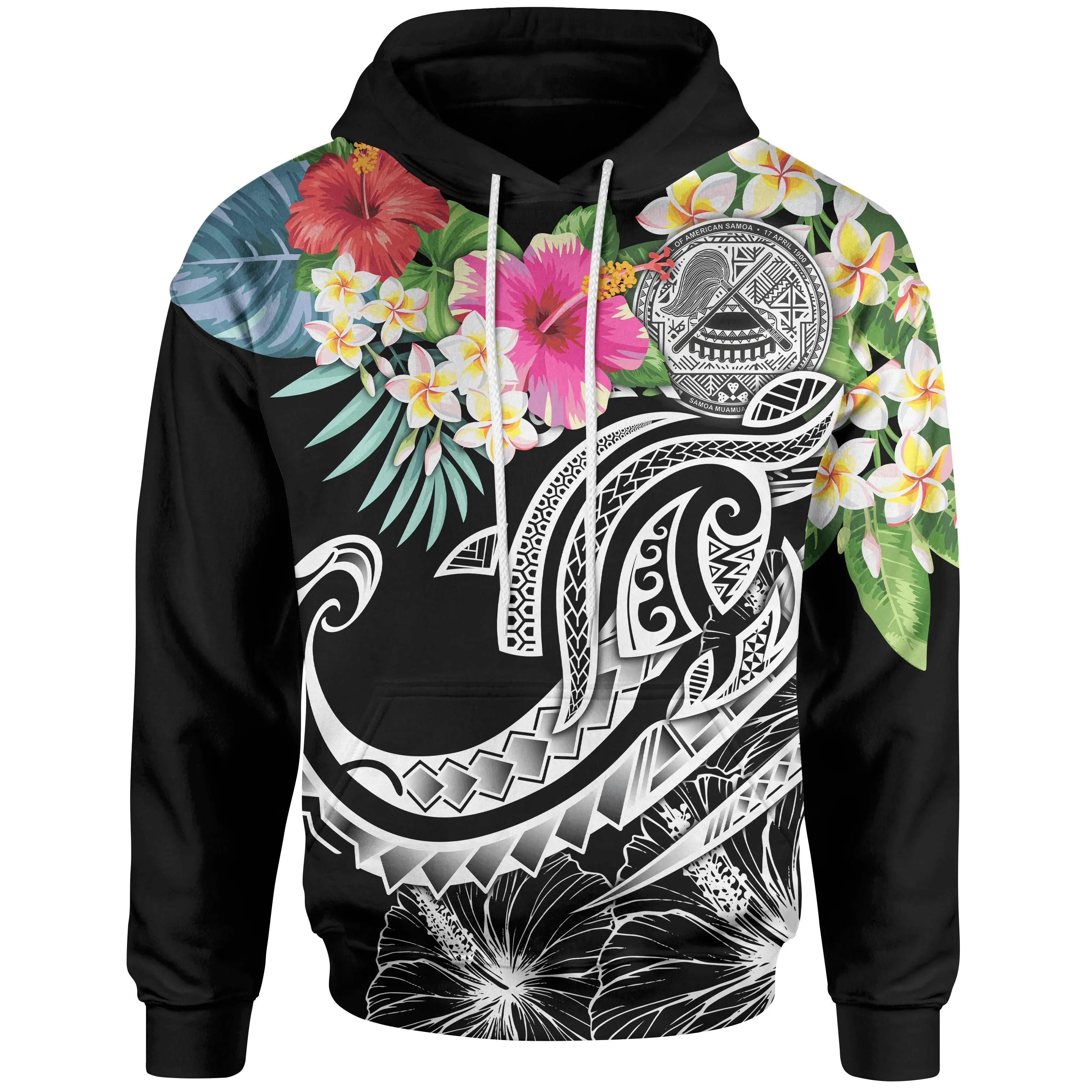 Polynesianmerican Samoa Hoodie - Summer Plumeria Black