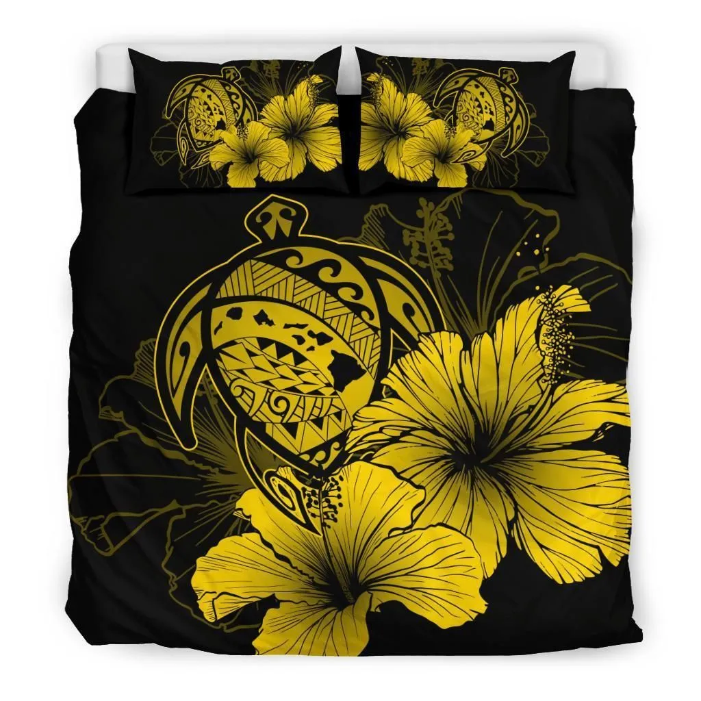 Hawaiian Map Hibiscus Turtle Polynesian Bedding Set - Yellow
