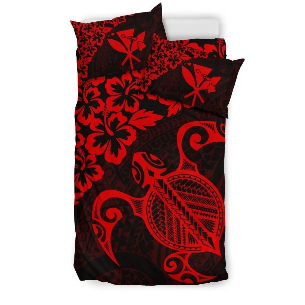 FamilyGater Bedding Set - Cover and Pillow Cases Hawaiian Map Turtle Hibiscus Kanaka Polynesian - Red - AH J4