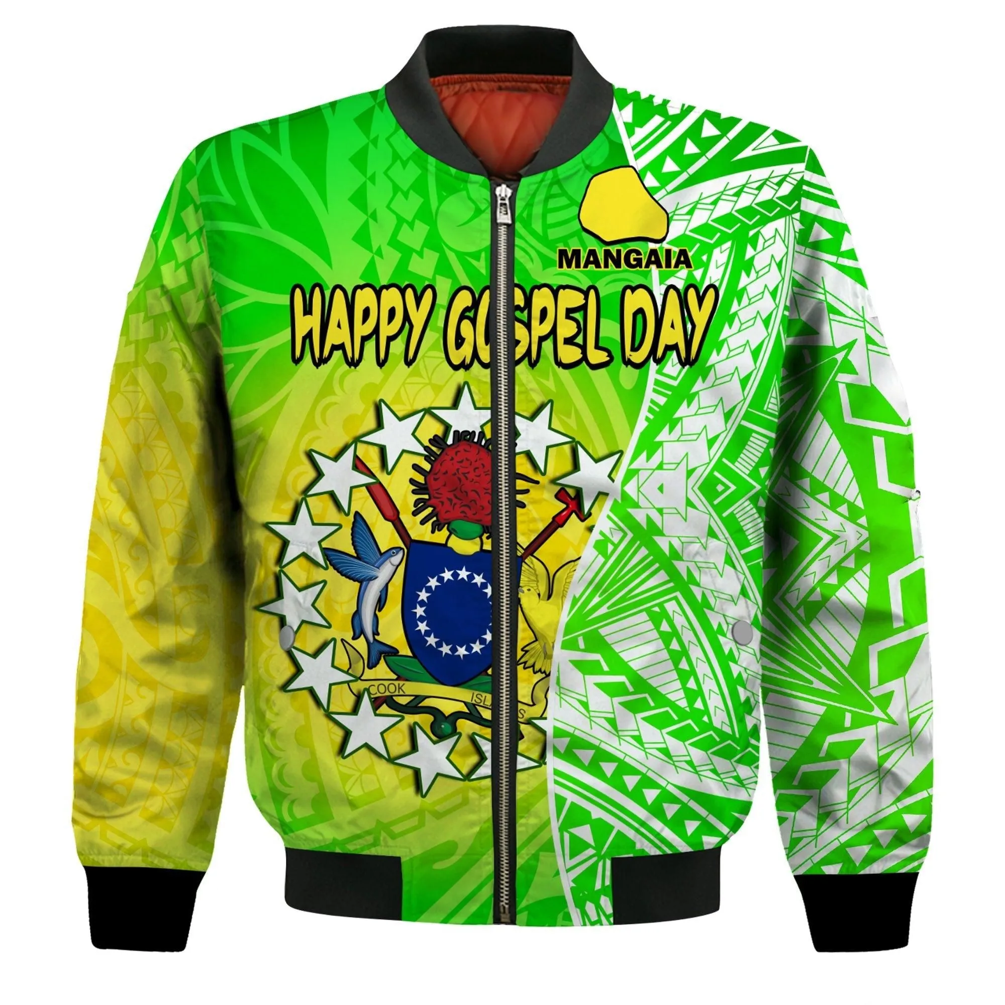 Happy Mangaia Gospel Day Bomber Jacket Cook Islands Coat of Arms Polynesian Pattern LT14