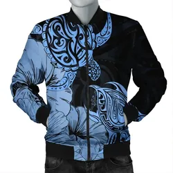 Alohawaii Jacket - Hawaii Turtle Bomber Jacket Polynesian Hibiscus Art Blue - AH - JR