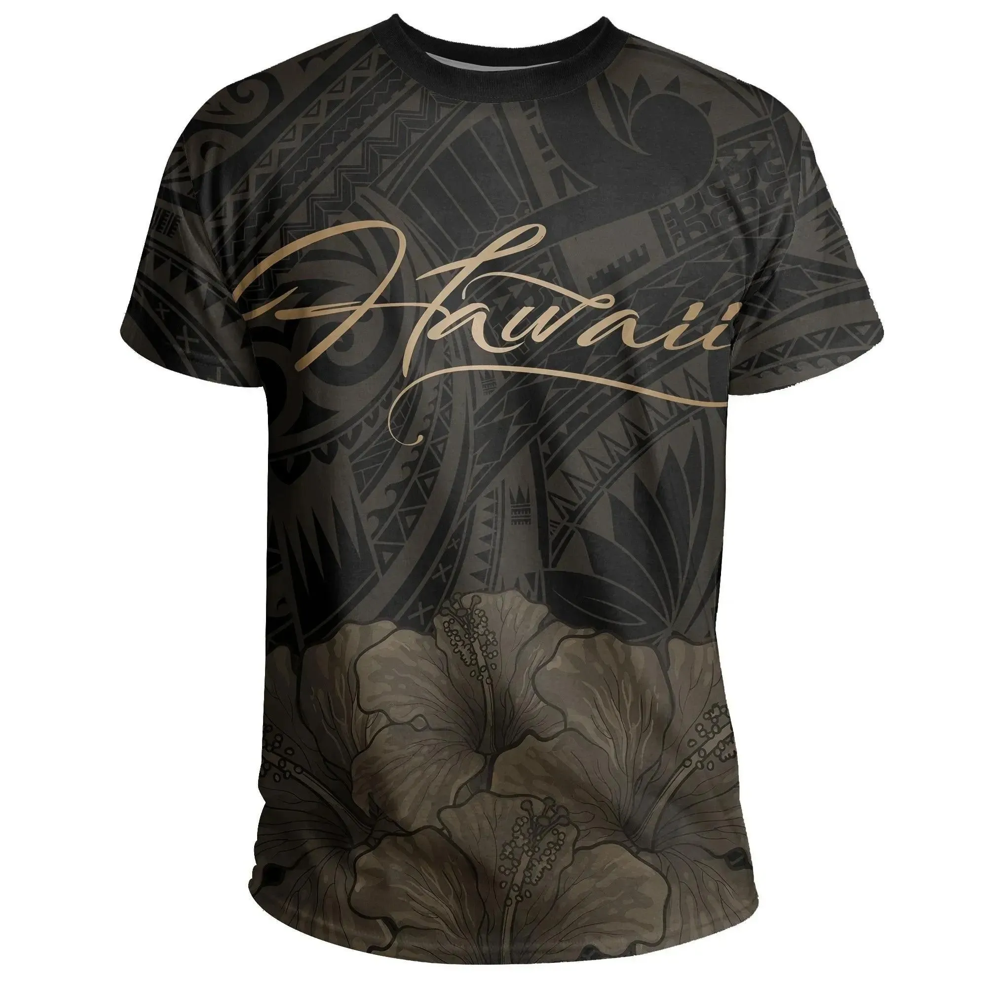 Hawaii Hibiscus Coat Of Arm Polynesian T-Shirt - Gold - AH J4